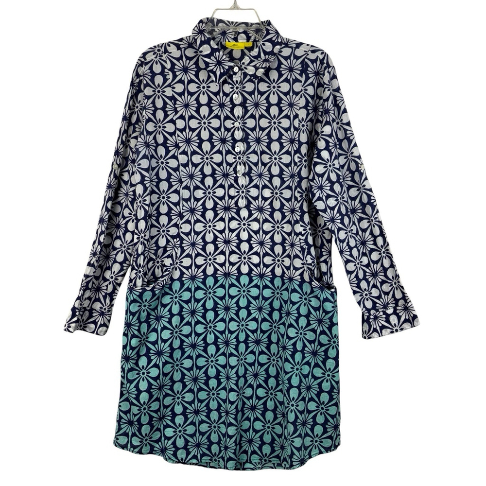 Roller Rabbit Floral Shirt Dress Blue Turquoise Button Front Tunic Pockets Sz L